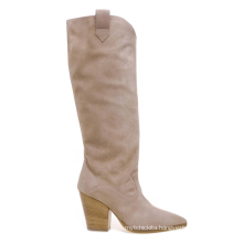 Khaki PU Suede winter shoe wedges heel  pointed toe knee high boot for ladies handmade print women's high heel long boot